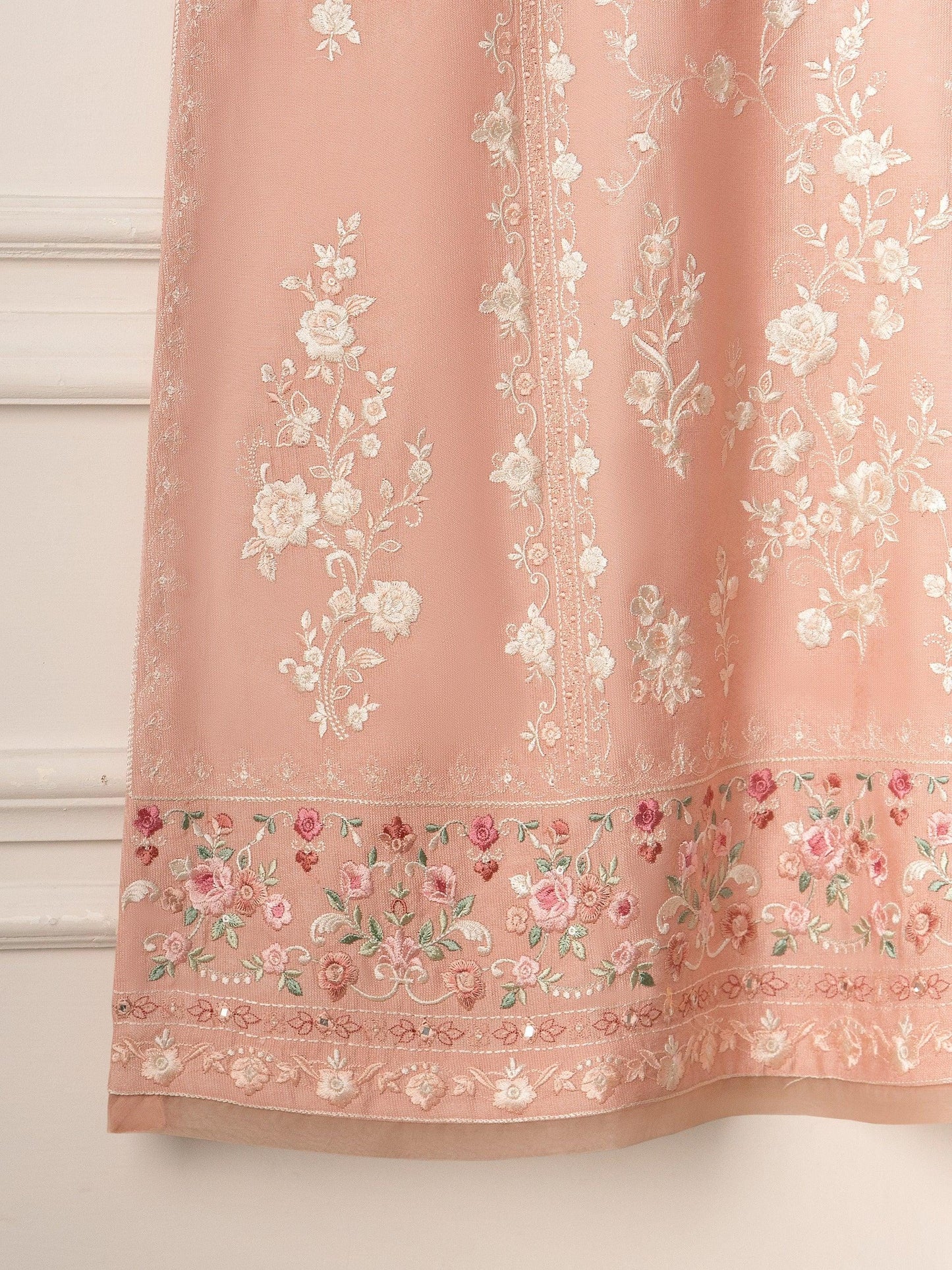 Aghanoor 2 Piece Pure Silk Embroidered Suit Size (Medium) - Peach - Raw Silk Pants