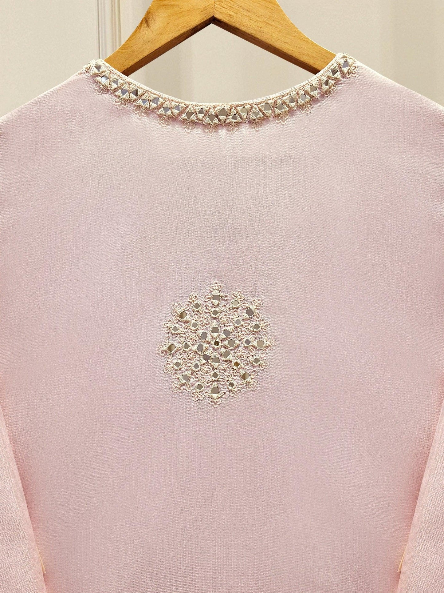 Aghanoor 3 Piece Pure Silk Embroidered Suit Size (Large, Medium) - Tea Pink - Chiffon Dupatta