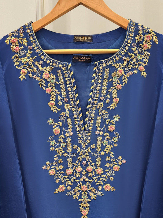 Agha Noor - Embroidered Sheesha Silk Suit - Navy Blue