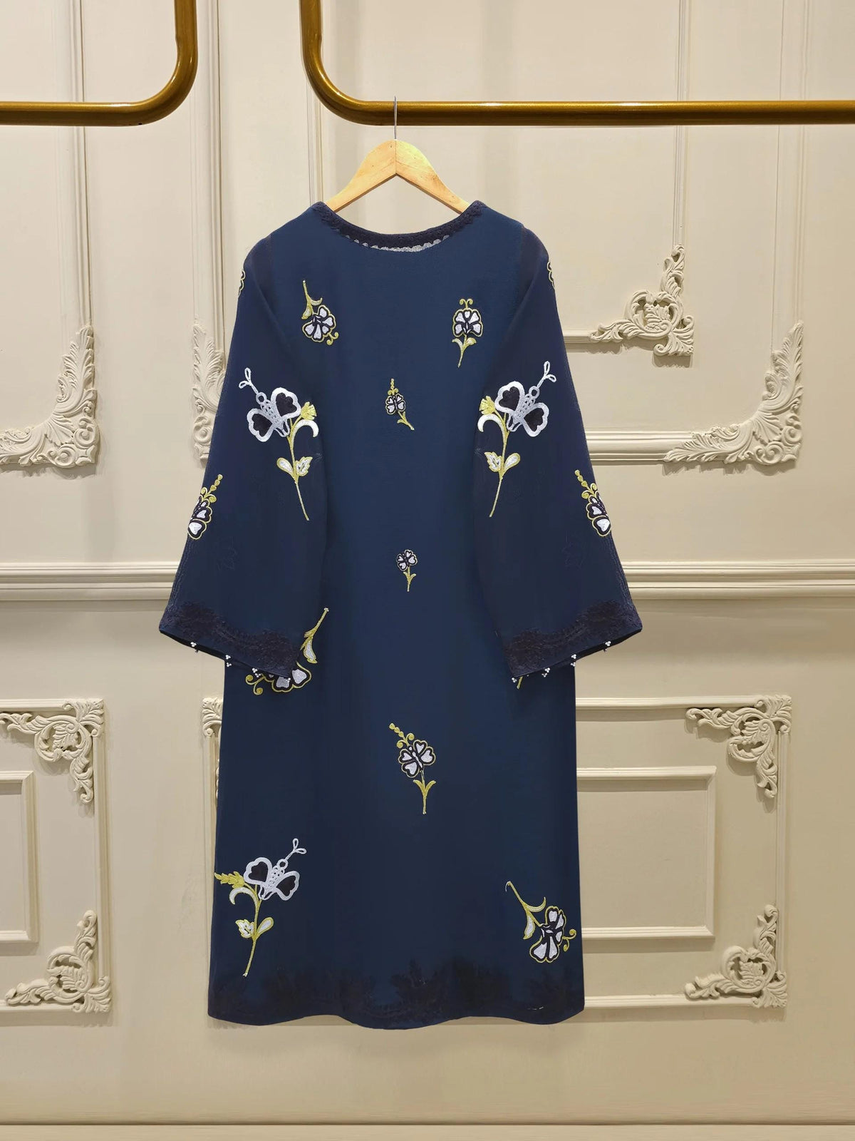 Agha Noor 3 Piece Pure Embroidered Cotton Net Suit - Navy Blue