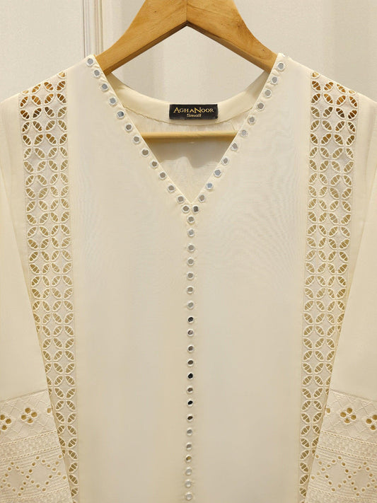 Agha Noor 2 piece Embroidered Lawn Suit - Off White