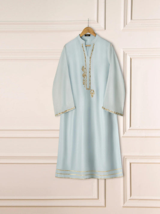 Agha Noor 2 Piece - Embroidered Cotton Net Suit: Raw Silk Pants - Ferozi