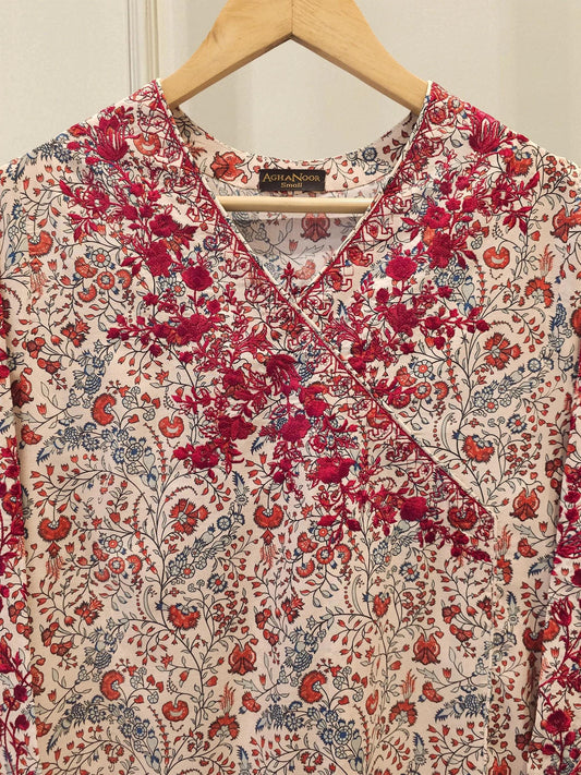 Aghanoor 2 piece - (Size- XL ) Angrakha Printed Lawn Suit - Maroon