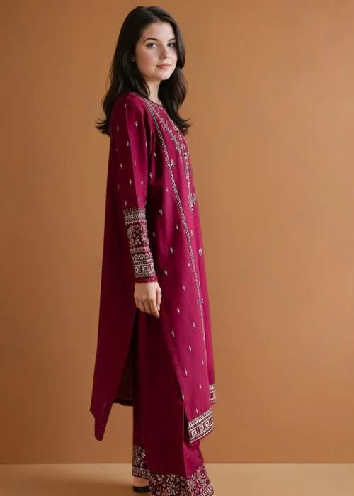 2 piece - Embroidered Linen Suit - Maroon