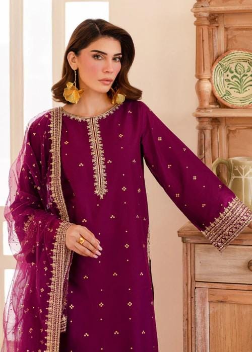 Embroidered Lawn Suit with Organza Dupatta - Plum Purple