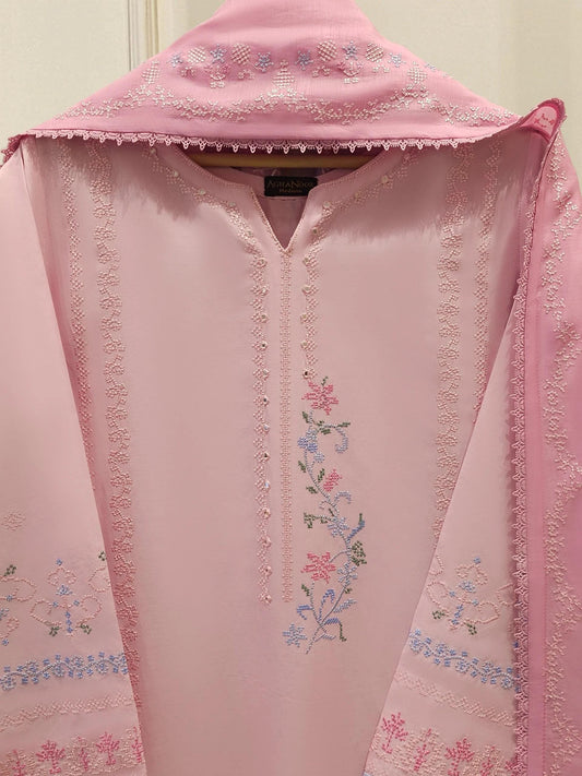 Agha noor 2 Piece Cross stitched Embroidered Lawn Suit Size (L, XL) Pink