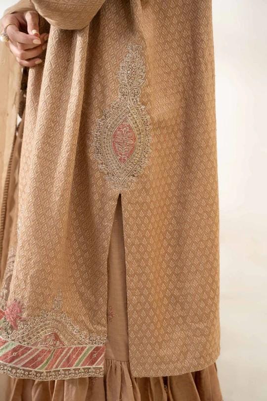 Maria.B - 3 Piece Embroidered Jamawar Gharara Suit (Size - XL) - Brown