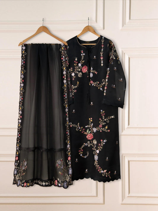 3 Piece Agha Noor Black Organza Embroidered Suit