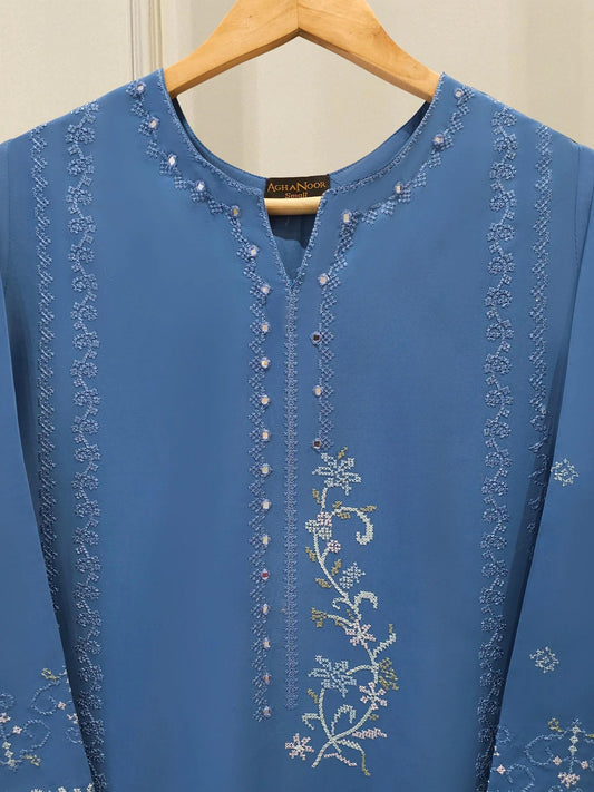 Aghanoor 2 piece - Pure Embroidered Lawn Suit - Blue - India Pakistan Bangladesh Shalwar Kameez