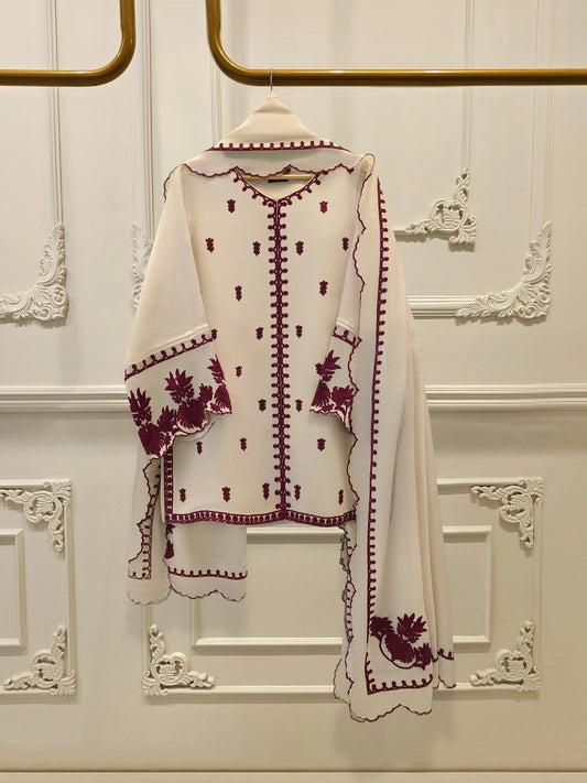 Agha Noor 3 Piece Pure Embroidered Cotton Net Suit Size - Beige