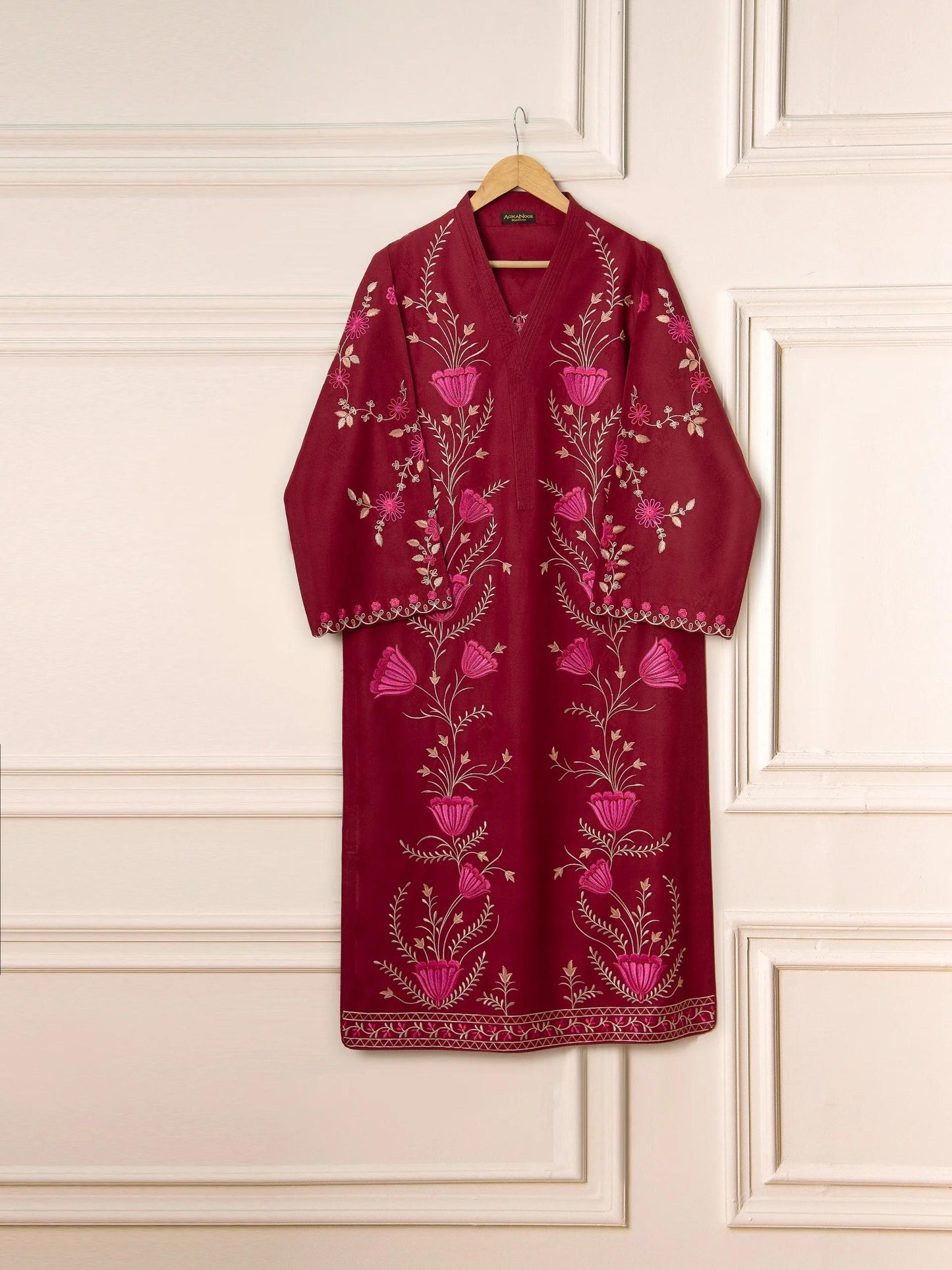 Aghanoor 2 piece - Embroidered Jacquard Suit - Maroon
