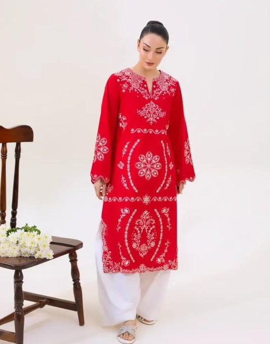 Aghanoor - Red Embroidered Lawn Shirt- (Size-S, M, L) India Pakistan Bangladesh