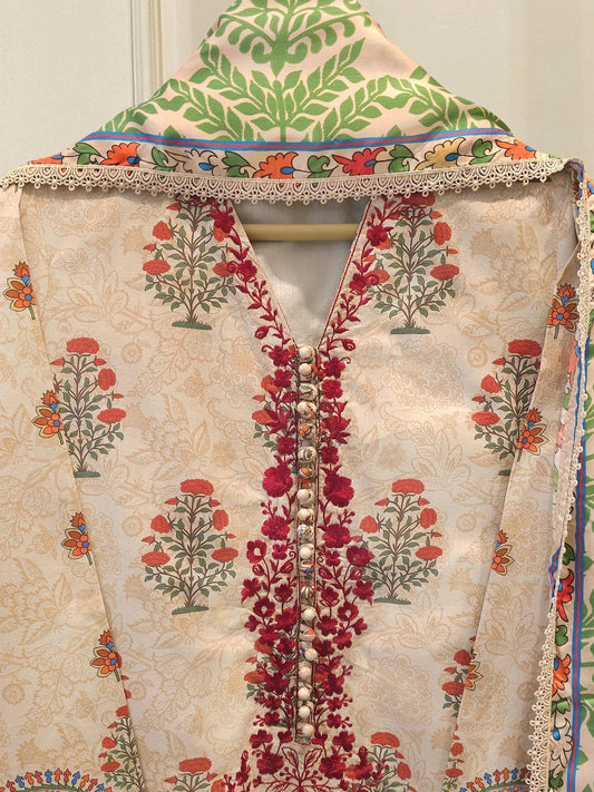 Agha Noor 3 Piece Digital Printed Embroidered Lawn Suit - Silk Dupatta