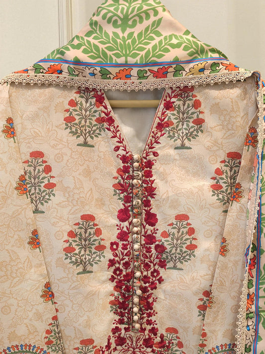 Agha Noor 3 Piece Digital Printed Embroidered Lawn Suit - Silk Dupatta