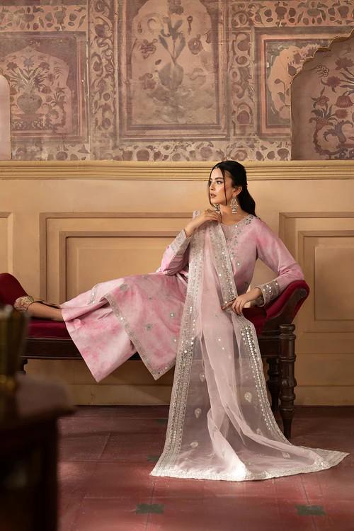 Embroidered Silk Lawn Pakistani Suit: Organza Dupatta & Palazzo Pants