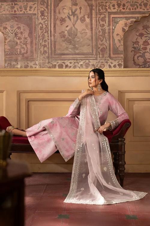 Embroidered Silk Lawn Pakistani Suit: Organza Dupatta & Palazzo Pants