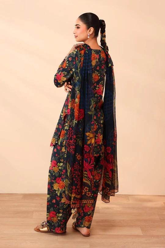 Maria.B - 3 Piece Embroidered Lawn Suit Farshi Shalwar - Chiffon Dupatta - Teal