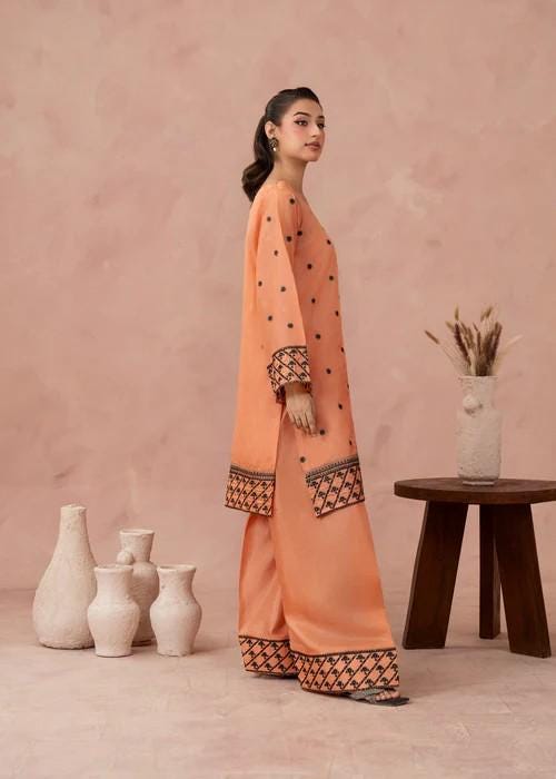 2 piece - Embroidered Farshi Shalwar Kattan Silk Suit - Size (M, L) - Peach Orange