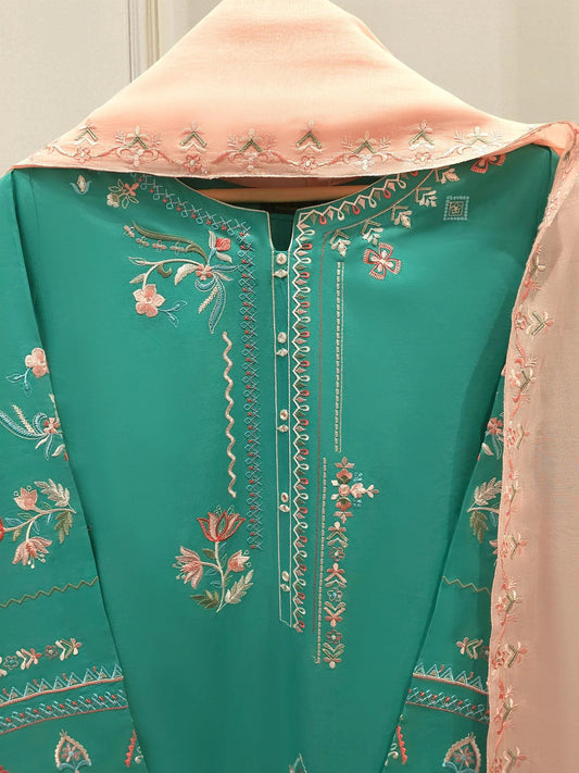 Agha noor 3 piece - Embroidered Lawn Suit - (Size- L, XL) - Raw Silk Pants