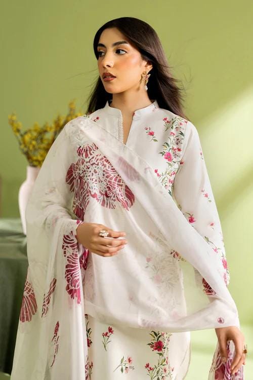 3 piece - Pakistani Designer Farshi Shalwar Lawn Suit - Silk Dupatta