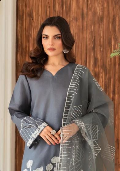 3 piece - Farshi Shalwar Kattan Silk Suit - Size (M, L) - Organza Dupatta