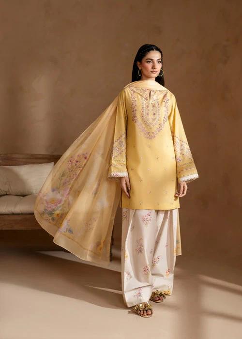 3 piece - Embroidered Cotton Suit - Chiffon Dupatta - Lemon