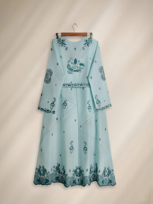 Aghanoor Maxi Dress - Sea - Green Embroidered Long Shirt - floral and paisley patterns