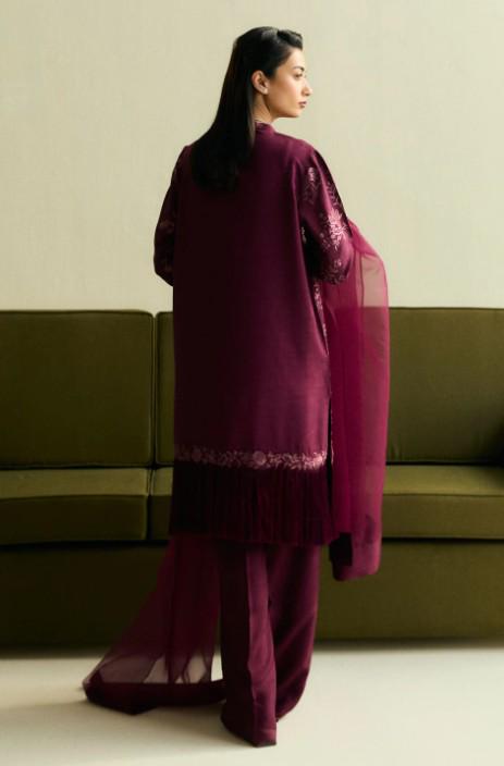 3 piece Designer - Raw Silk and Organza - Plum