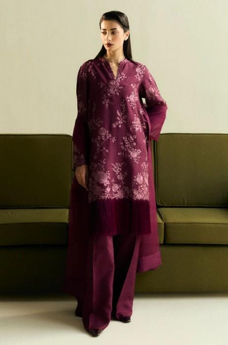 3 piece Designer - Raw Silk and Organza - Plum