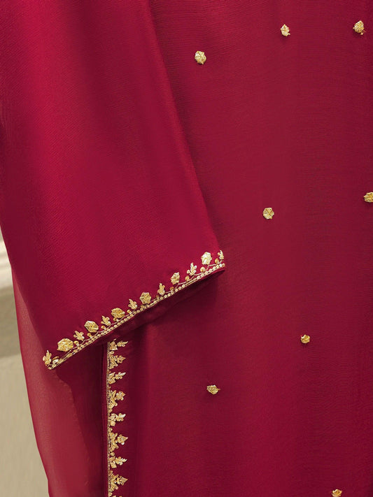 Agha Noor 3 Piece Embroidered Cotton Net Suit: Maroon Korean Silk Pants, Organza Dupatta