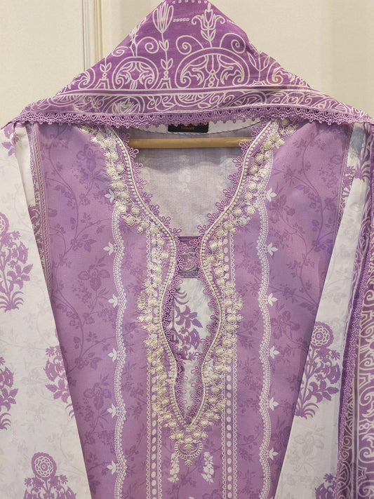 Agha Noor 2 Piece Digital Printed Embroidered Lawn Suit - Lavender - Chiffon Dupatta