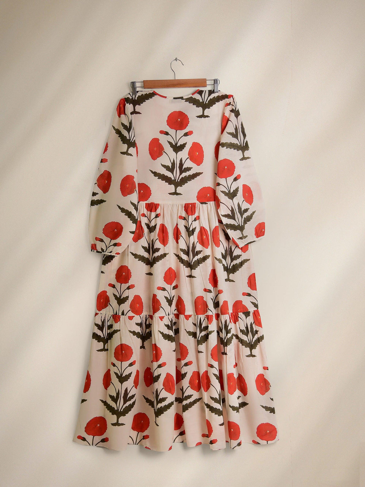 Floral Poppy Print Maxi Dress - Embroidered Lawn Fabric