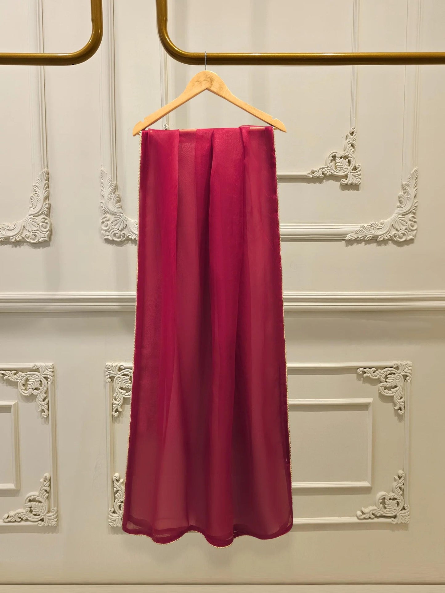 Agha Noor 3 Piece Embroidered Cotton Net Suit: Maroon Korean Silk Pants, Organza Dupatta