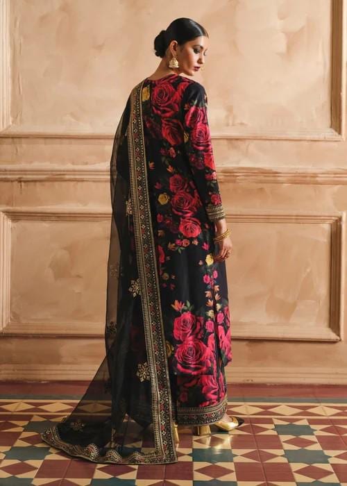 Embroidered Lawn Suit: Red Roses on Black, Palazzo Pants & Silk Dupatta