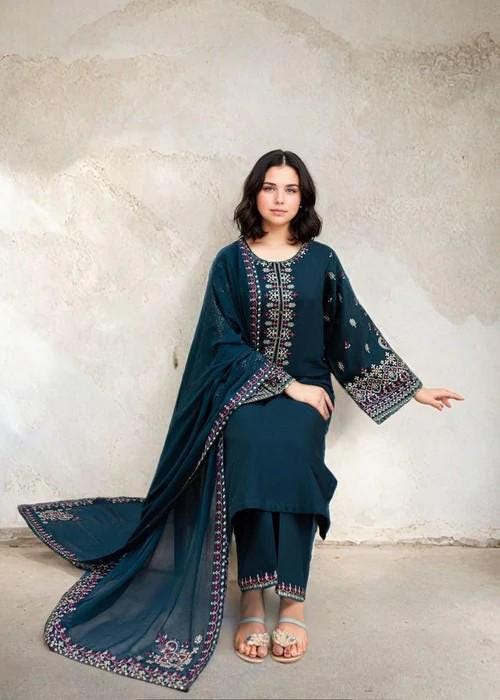 Embroidered Cotton Suit - Designer 3 piece - Chiffon Dupatta