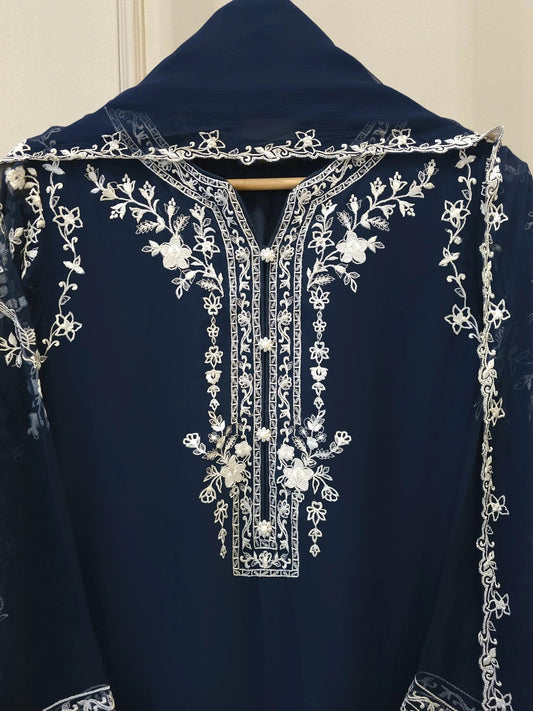 Agha Noor 3 Piece - Embroidered Chiffon Suit - Chiffon Dupatta - Navy Blue