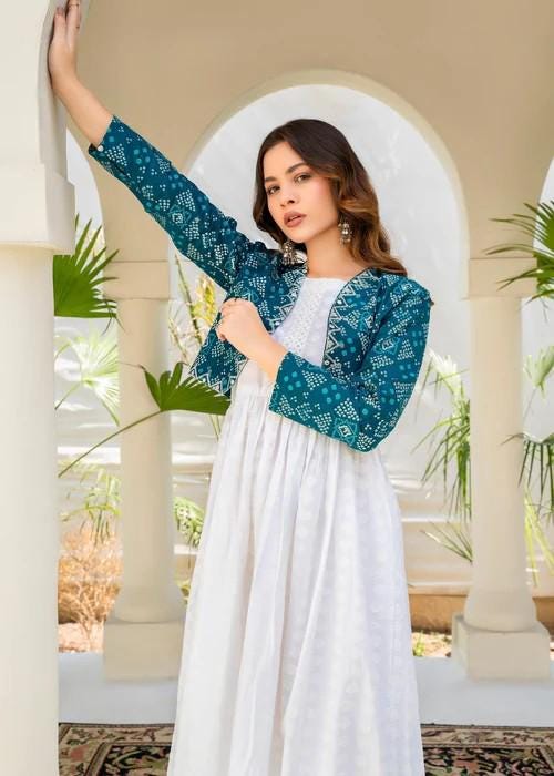 Modern White Pishwas - Maxi Dress with Embroidered Bolero (Koti) - Large