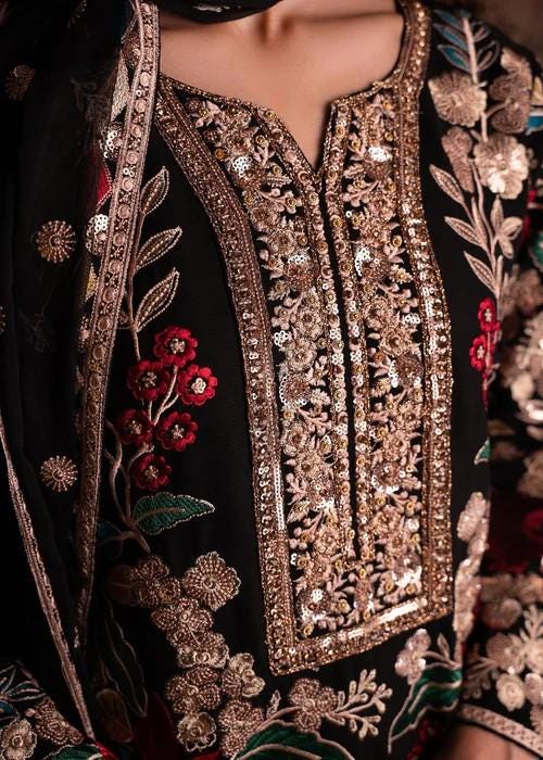 4 Piece Embroidered Chiffon Suit: Heavily Embroidered Rose Gold Party Wear with Potli Bag
