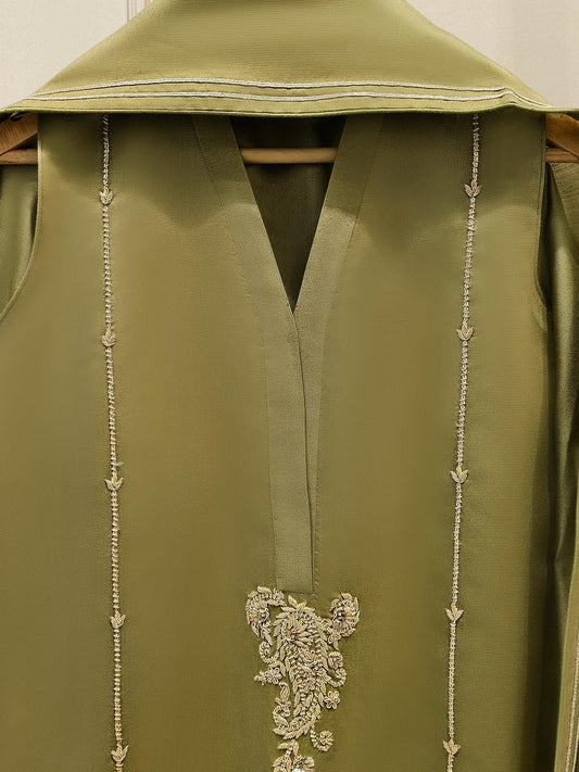 Embroidered Pure Silk Suit: Agha Noor Olive Green