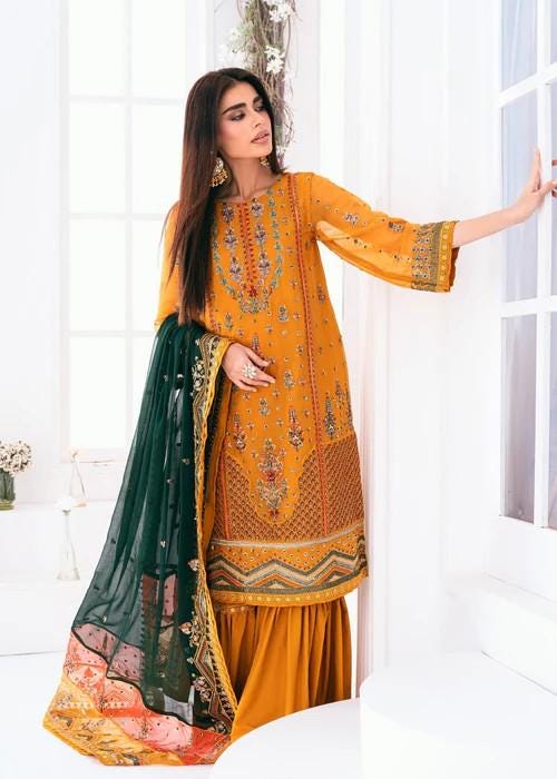 Embroidered Mustard Chiffon Suit - Silk Gharara - 3 Piece