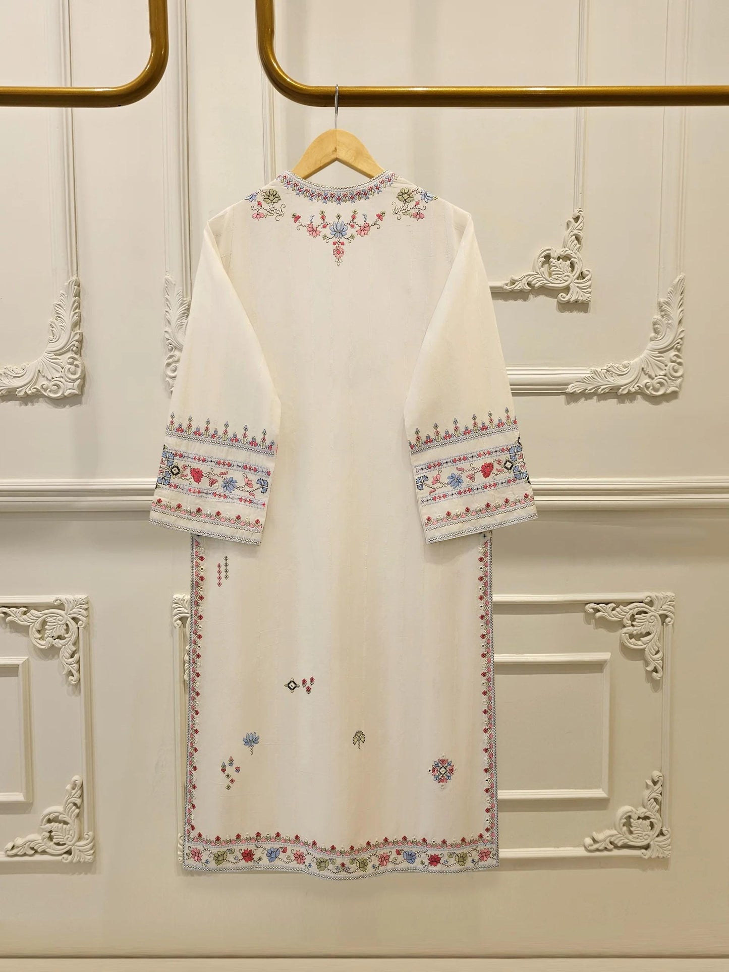 Embroidered Jacquard Suit - Agha Noor 2 piece - Off White - Korean Silk Pants