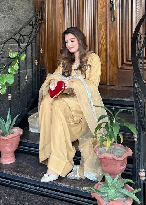 Stone Work Embroidered Thai Silk Farshi Shalwar Suit - Gold Color