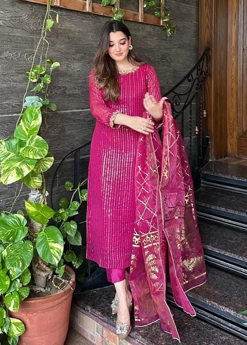 Embroidered Chiffon and Raw Silk Pants Designer Suit with Organza Dupatta - 3 Piece