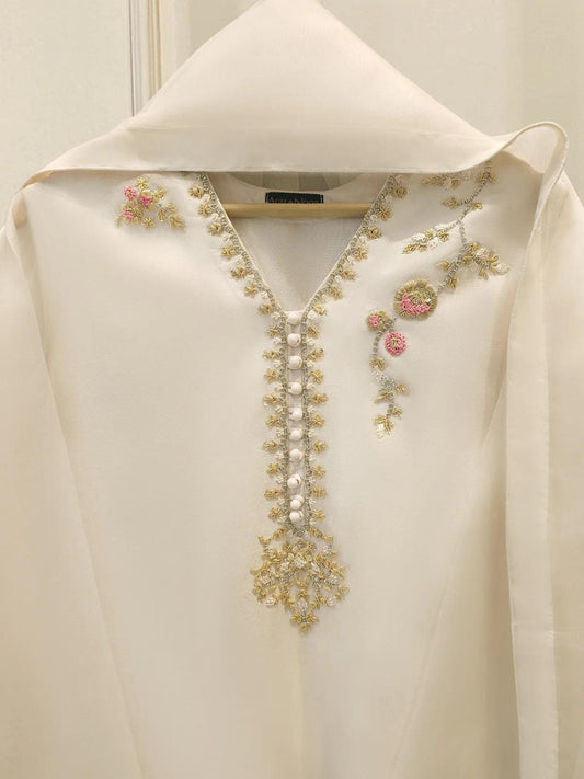 Agha Noor 3 Piece Pure Organza Embroidered Suit - White