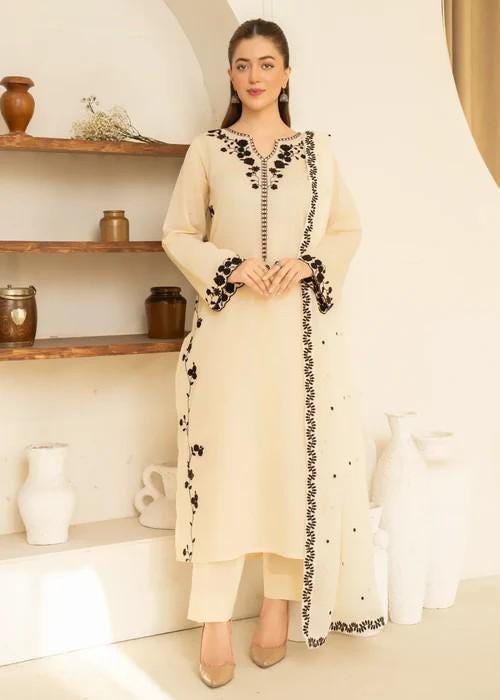 3 piece - Pakistani Designer Lawn Suit - Cream Color