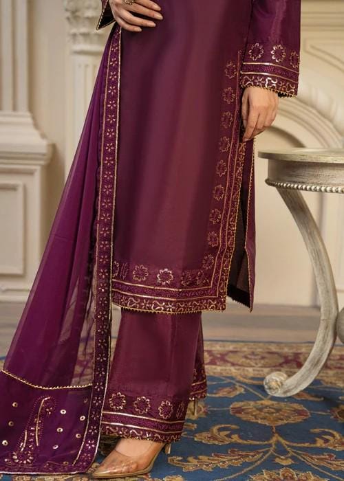Golden Embroidered Kattan Silk Suit - Plum - Chiffon Dupatta