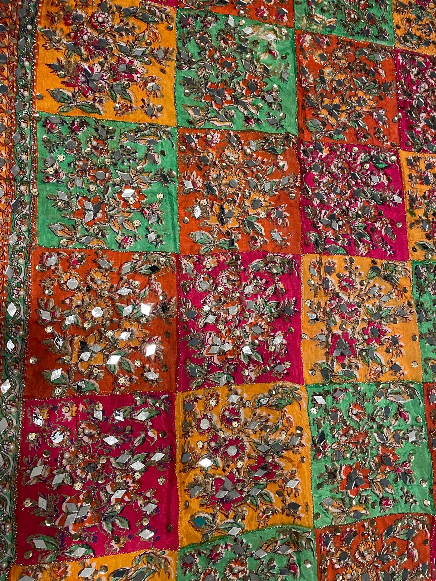 DPM3 - Handmade Block Print Silk Dupatta With Mirror and Pearl Work