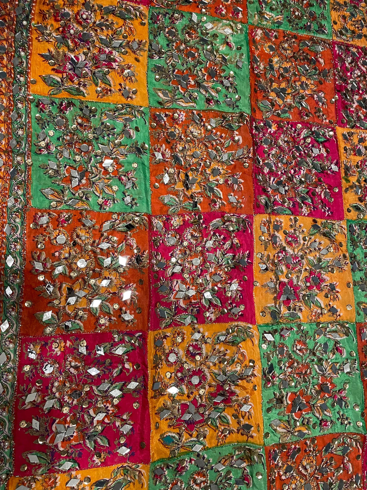DPM3 - Handmade Block Print Silk Dupatta With Mirror and Pearl Work