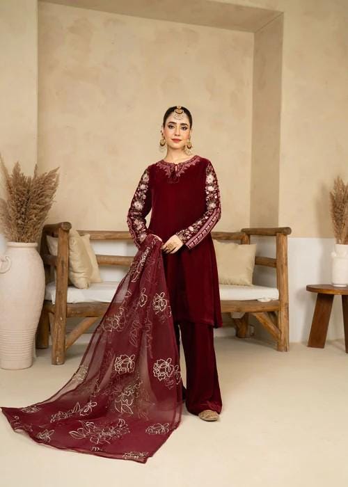3 Piece Embroidered Velvet Farshi Shalwar Suit