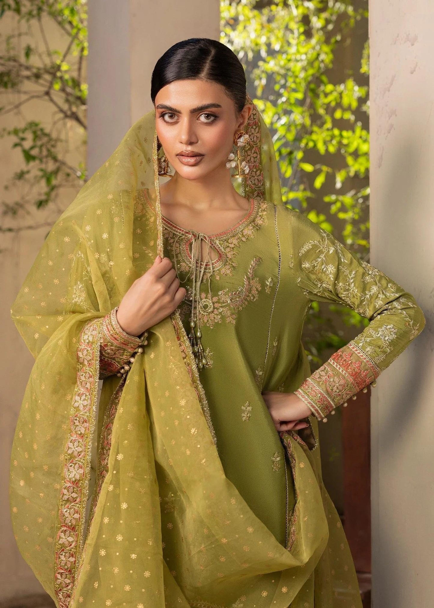 Embroidered Raw Silk Farshi Shalwar Suit with Organza Dupatta - 3 Piece - Olive Green